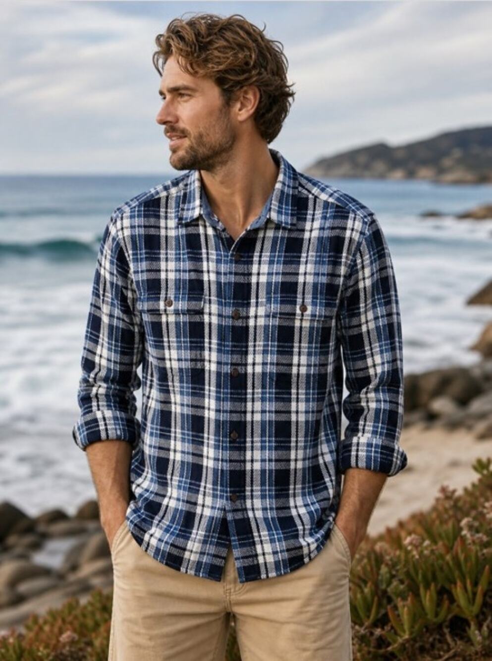 OUTERKNOWN Blue & White Plaid Blanket Men's Shirt Size Medium Cotton Casual